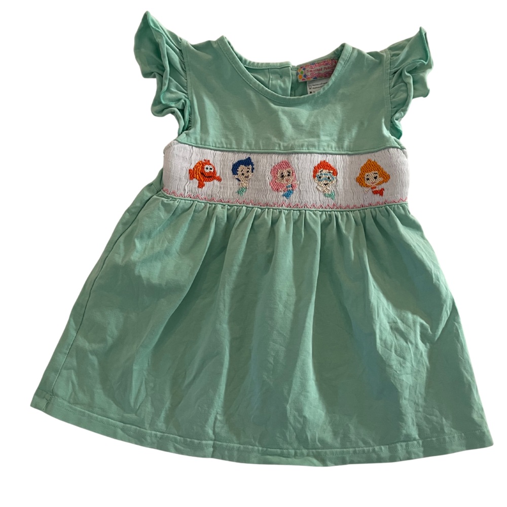 100% Cotton. Kids Green Dress with Embroidered Characters Bubble Guppies